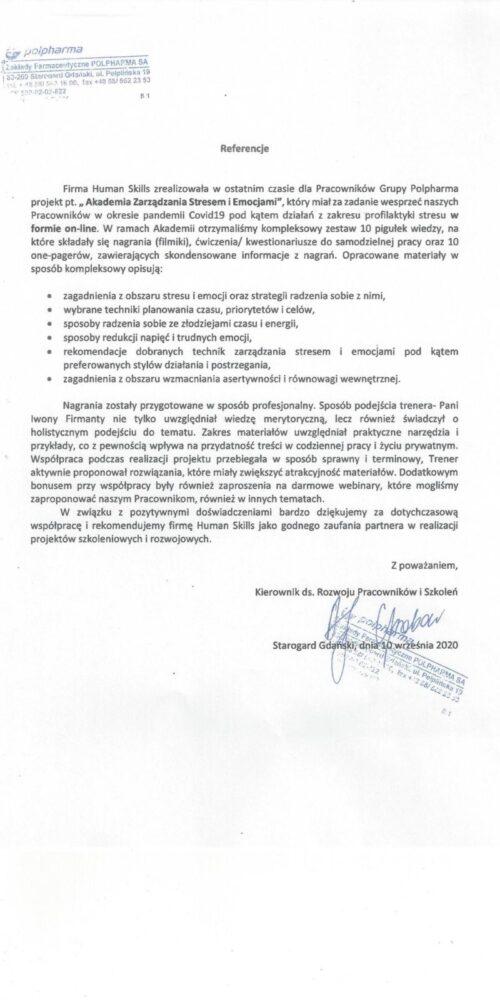 Referencje Polpharma Akademia Zarządzania Stresem i Emocjami